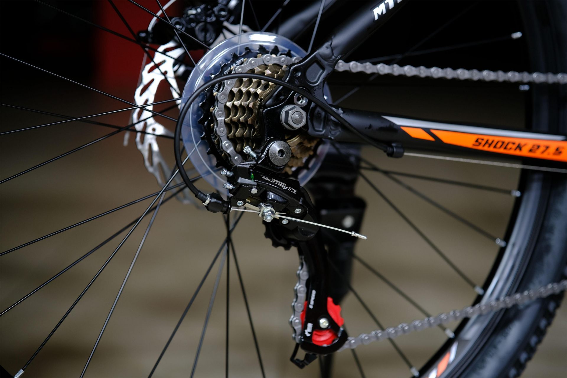 Задний переключатель Shimano Tourney TZ-500 оригинал  HOKE Shock 27,5 MD матовый чёрный-оранжевый 17